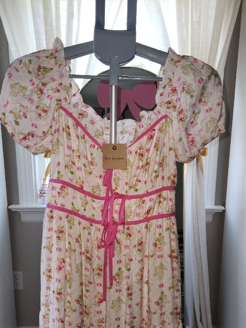 White Floral Maxi Dress with Pink Trim - Picture 2 of 4